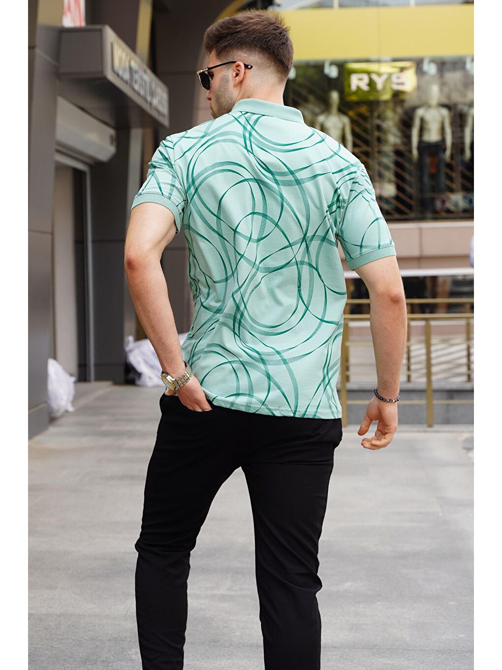 Mint Yeşili Desenli Polo Yaka Tişört 5873-1