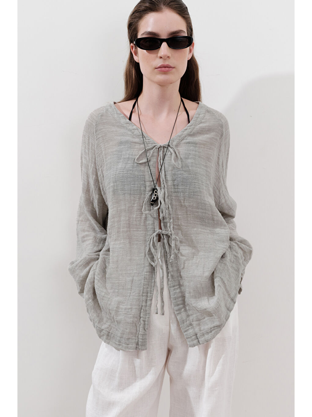 Bej Keten Karışımlı Bağlamalı Bluz Natural-4