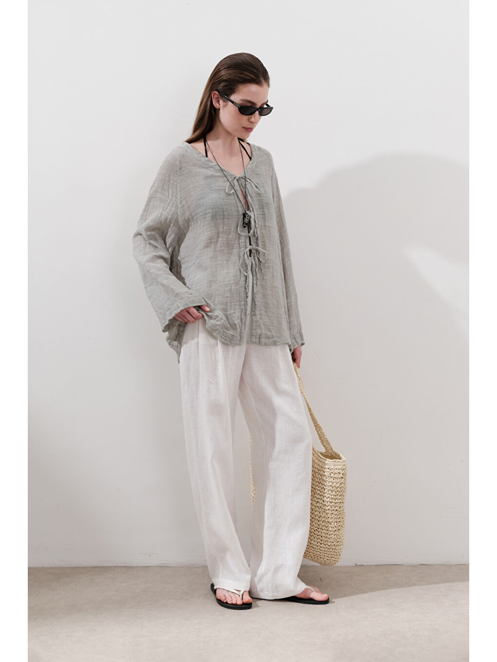 Bej Keten Karışımlı Bağlamalı Bluz Natural-5