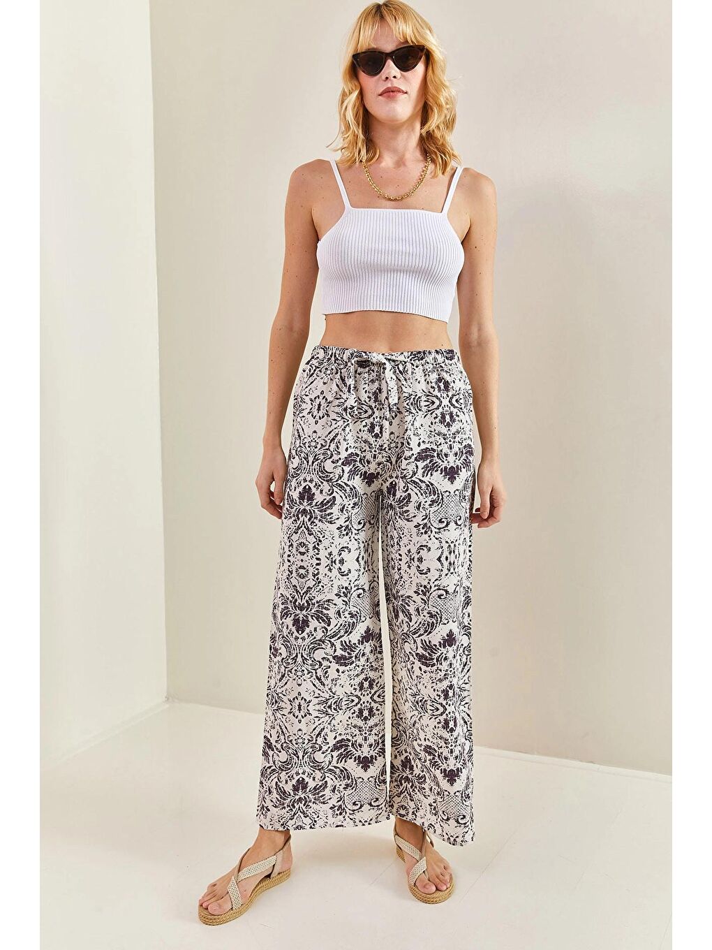 Lila Kadın Multi Desenli Beli Lastikli Kuşaklı Keten Pantolon