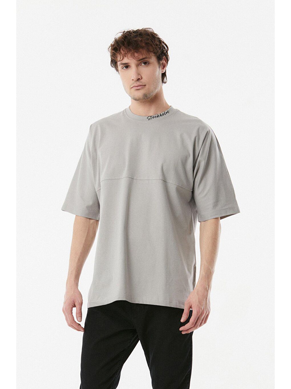 Gri Baskılı Bisiklet Yaka Oversize Tişört-2