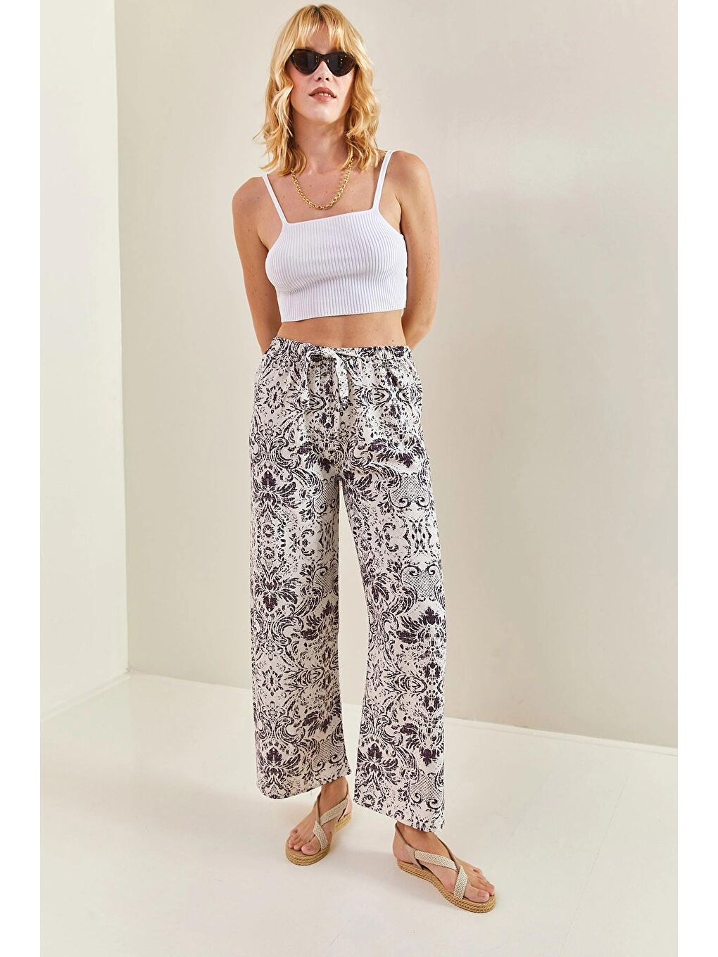 Lila Kadın Multi Desenli Beli Lastikli Kuşaklı Keten Pantolon-1