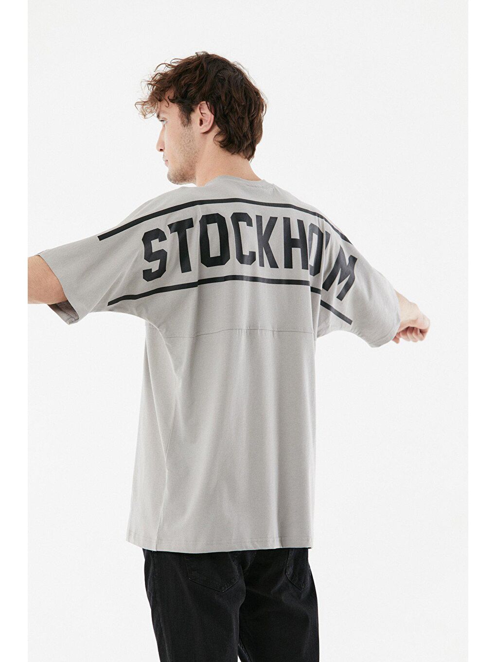 Gri Baskılı Bisiklet Yaka Oversize Tişört-3