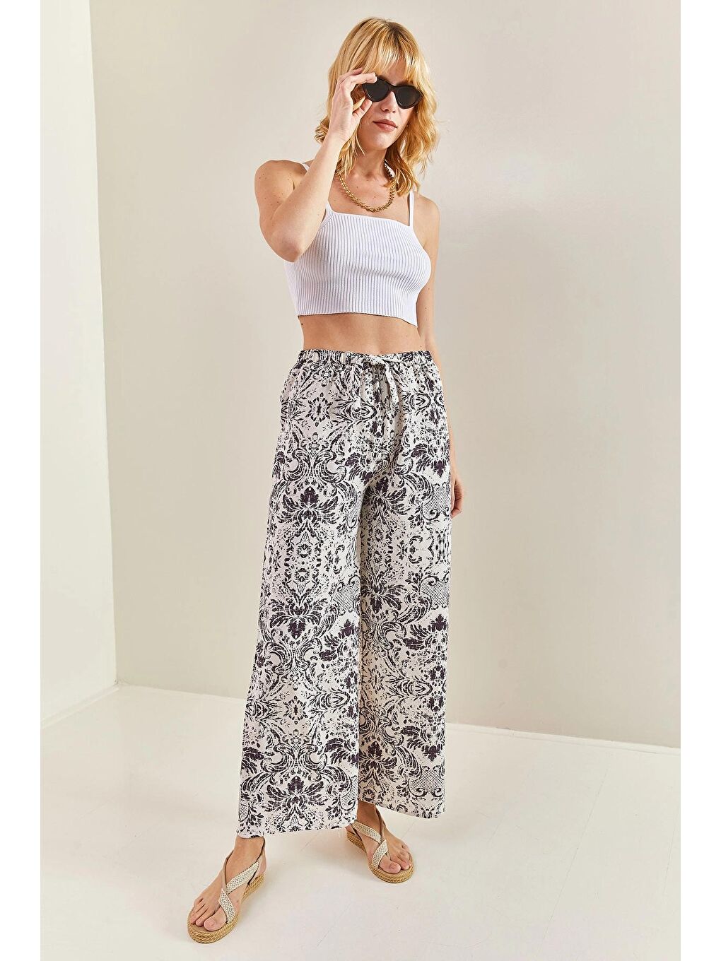 Lila Kadın Multi Desenli Beli Lastikli Kuşaklı Keten Pantolon-2