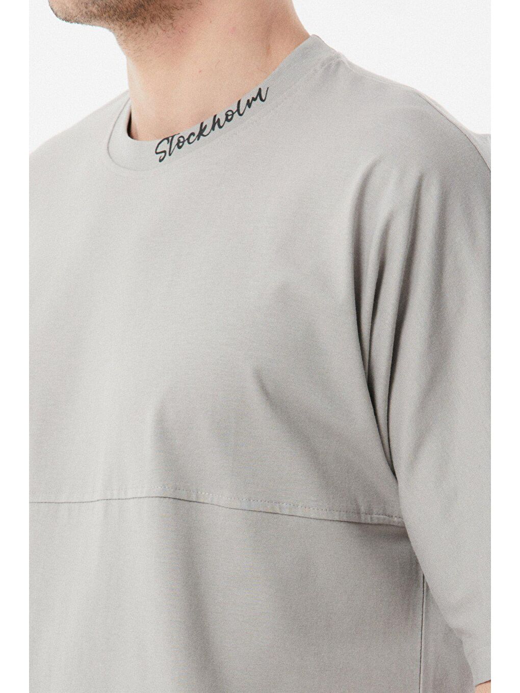 Gri Baskılı Bisiklet Yaka Oversize Tişört-4