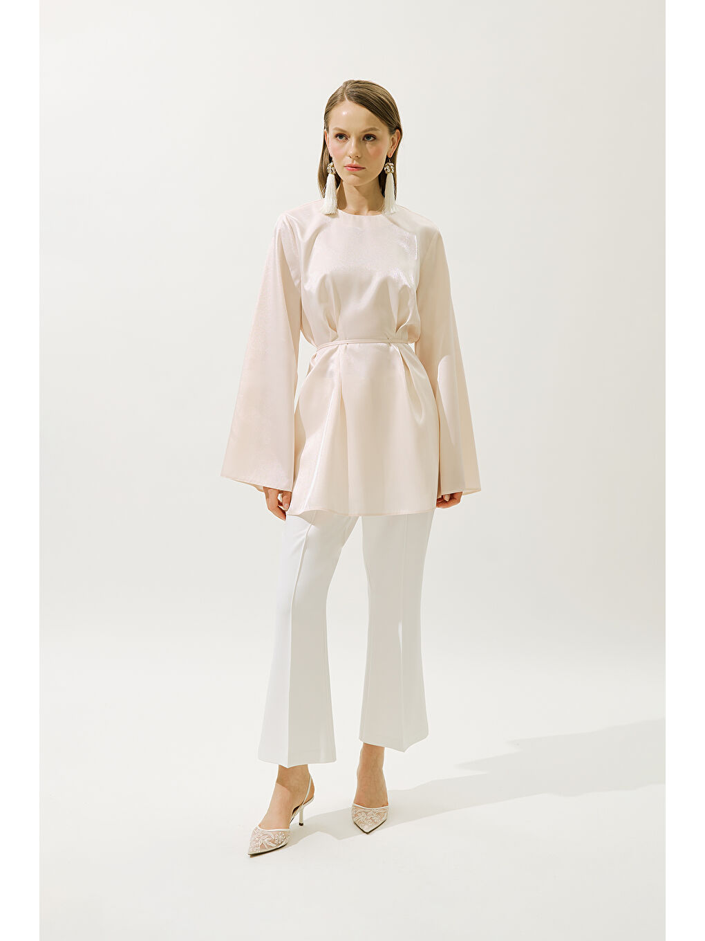 Ekru Hana Organze Bluz İnci