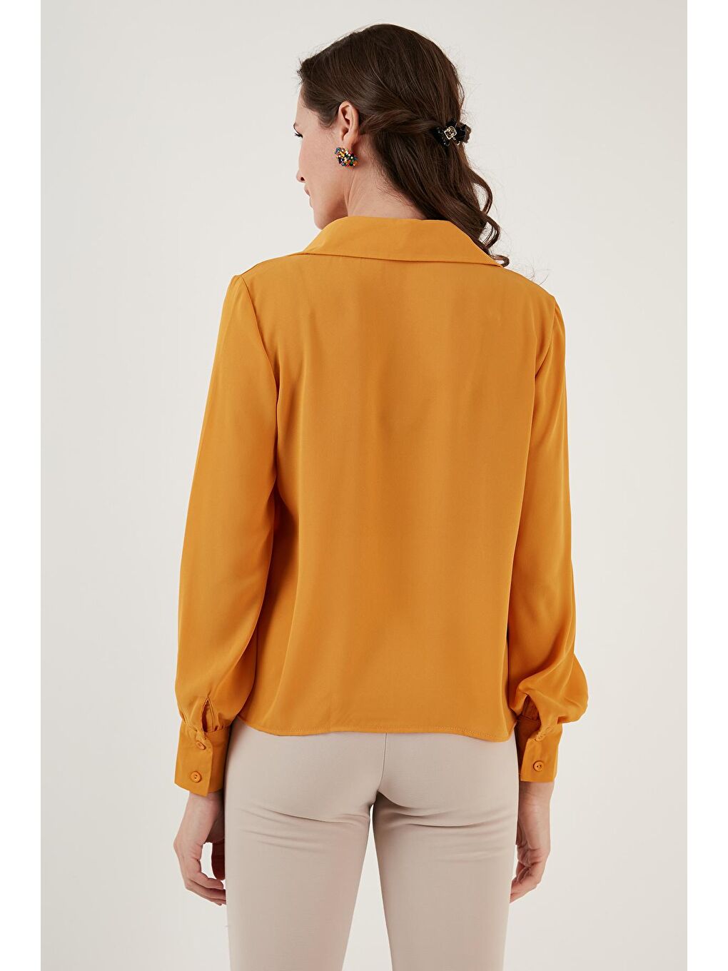 Sarı Bağlama Detaylı V Yaka Şifon Gömlek 611Bz0047-4