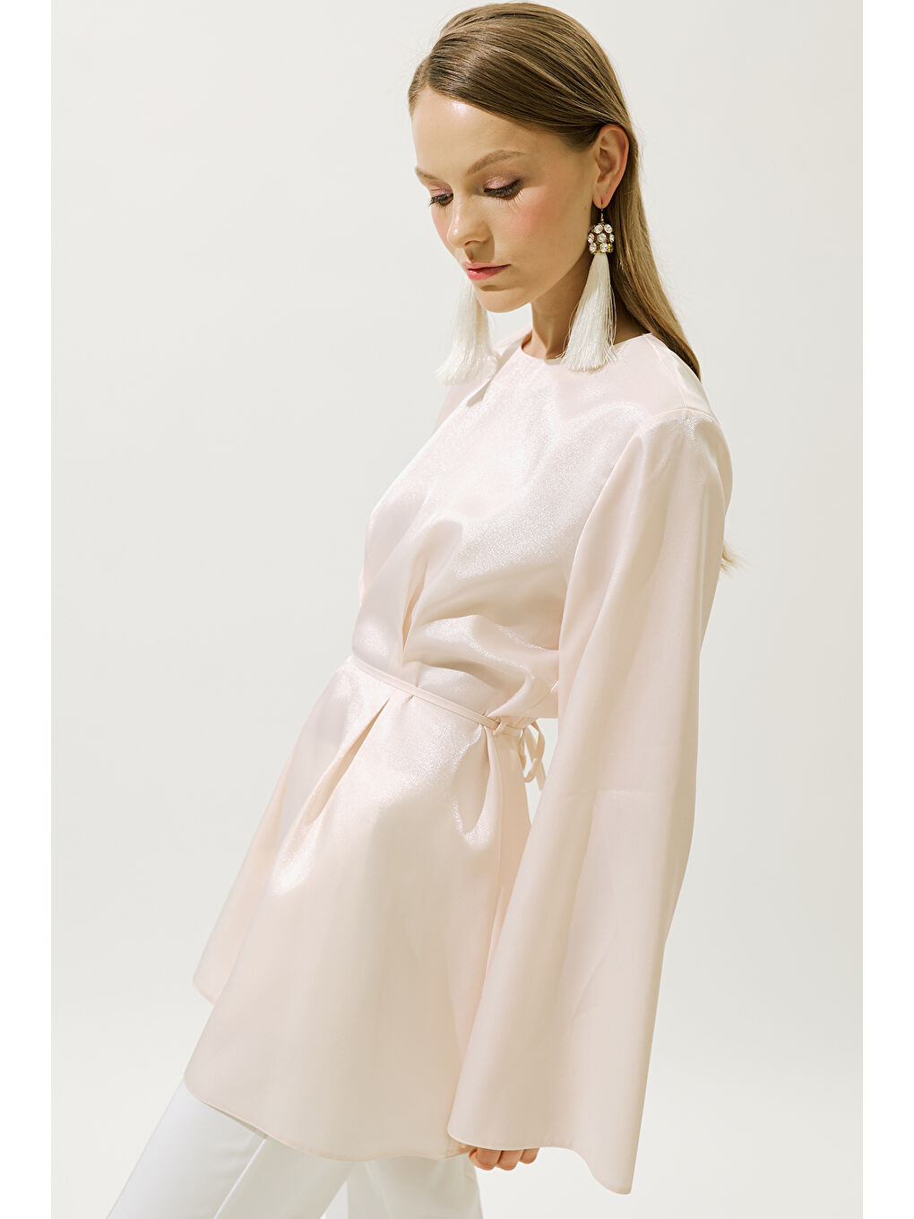 Ekru Hana Organze Bluz İnci-1