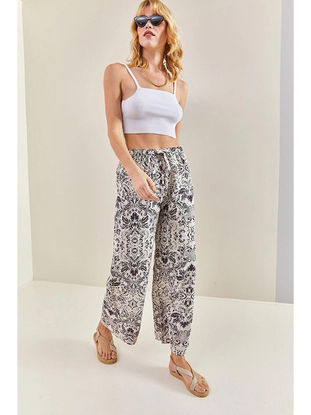 Lila Kadın Multi Desenli Beli Lastikli Kuşaklı Keten Pantolon-3