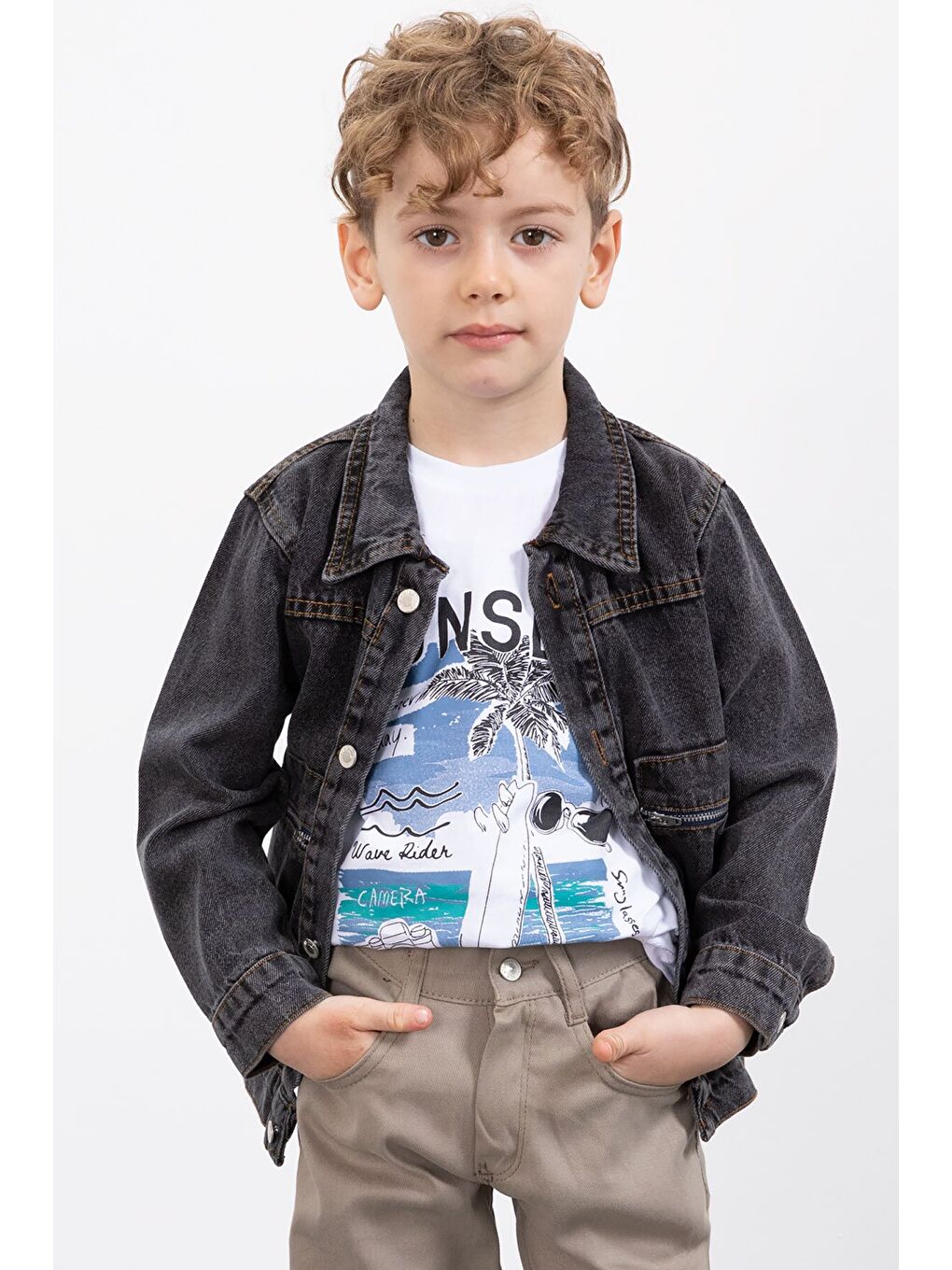 Siyah Fermuar Cepli Jean Ceketli Erkek Çocuk Pantolonlu 3lü Takım 20020-2