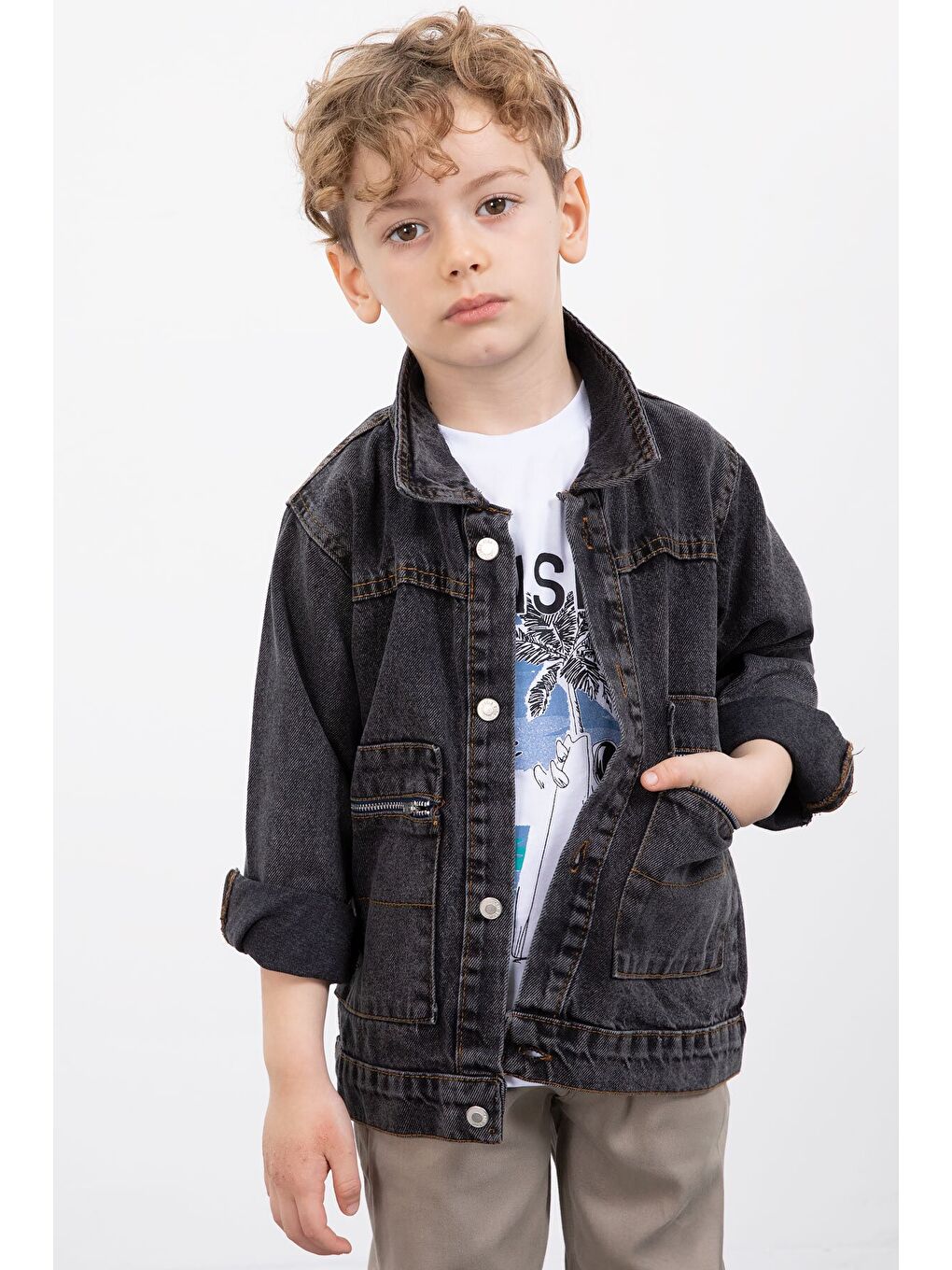 Siyah Fermuar Cepli Jean Ceketli Erkek Çocuk Pantolonlu 3lü Takım 20020-3