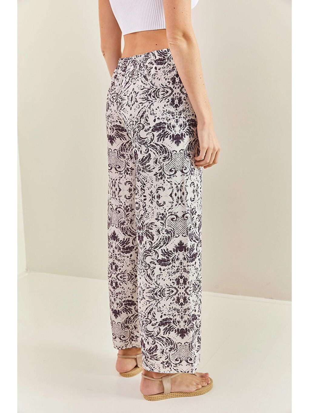 Lila Kadın Multi Desenli Beli Lastikli Kuşaklı Keten Pantolon-4