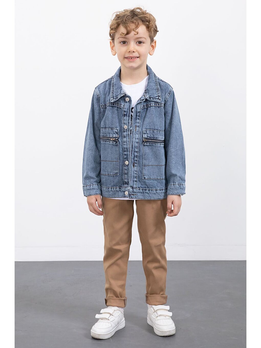 Mavi Fermuar Cepli Jean Ceketli Erkek Çocuk Pantolonlu 3lü Takım 20019-1