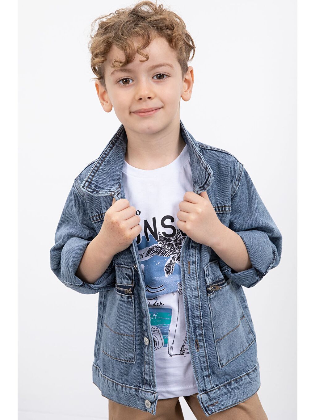 Mavi Fermuar Cepli Jean Ceketli Erkek Çocuk Pantolonlu 3lü Takım 20019-3