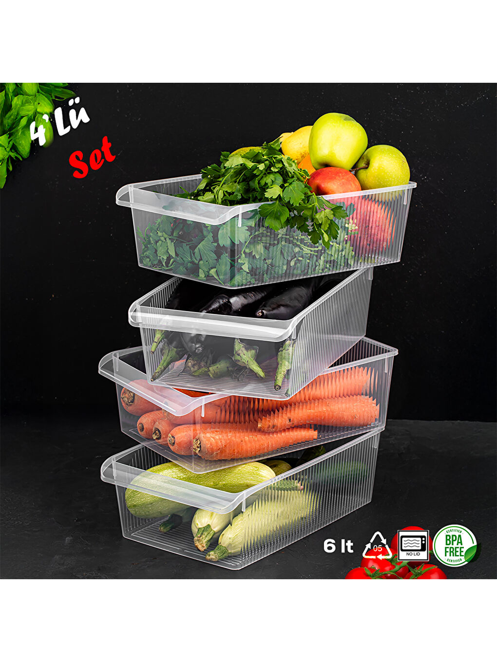 Renksiz 3184 4lü 6 Litre Dolap İçi ve Buzdolabı İçi Düzenleyici Banyo Mutfak Organizeri 20x32x14 cm