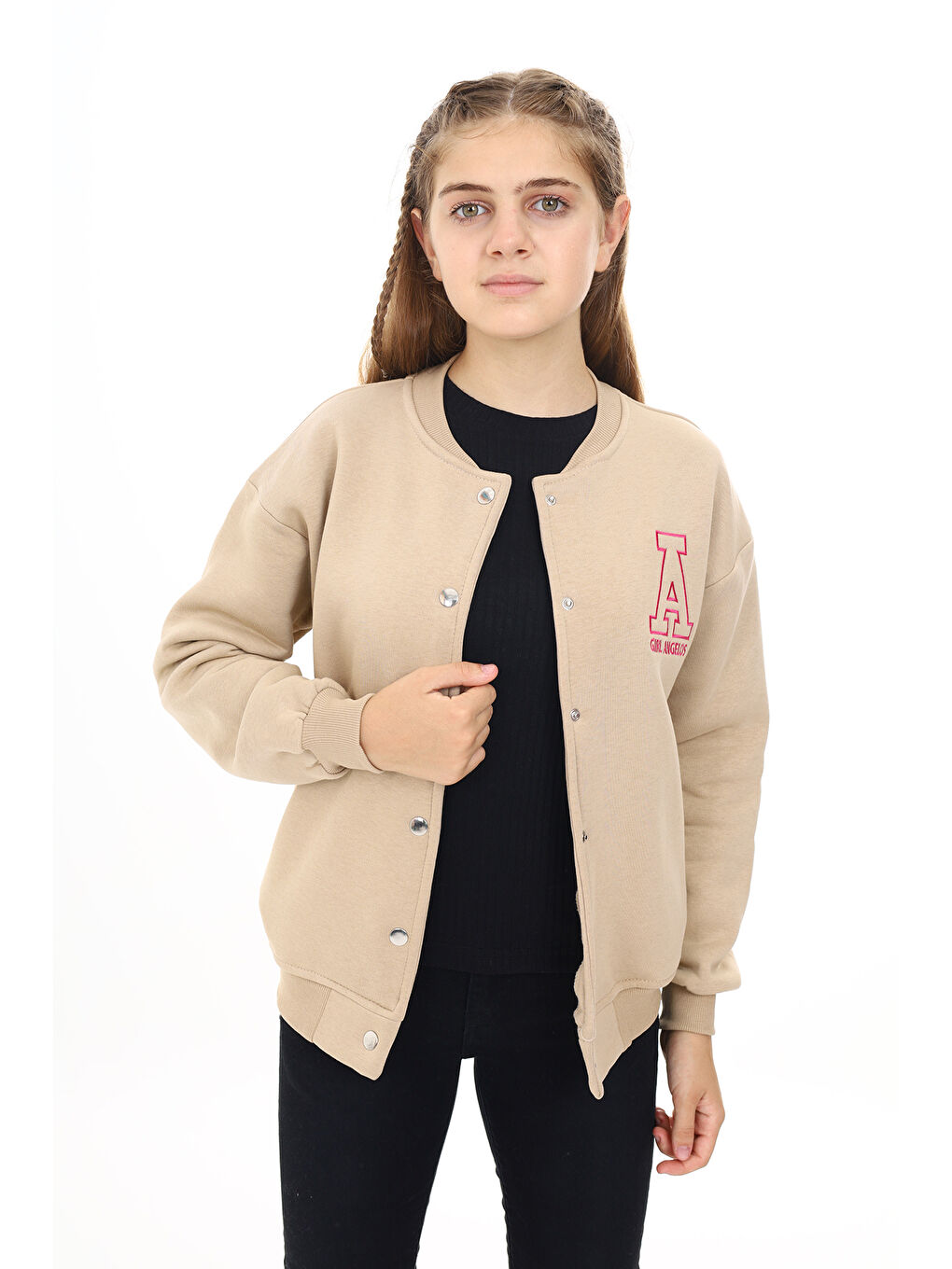 Ekru Kız Çocuk Kolej Tarz A Baskılı Ceket 7 -13 Yaş Lx271