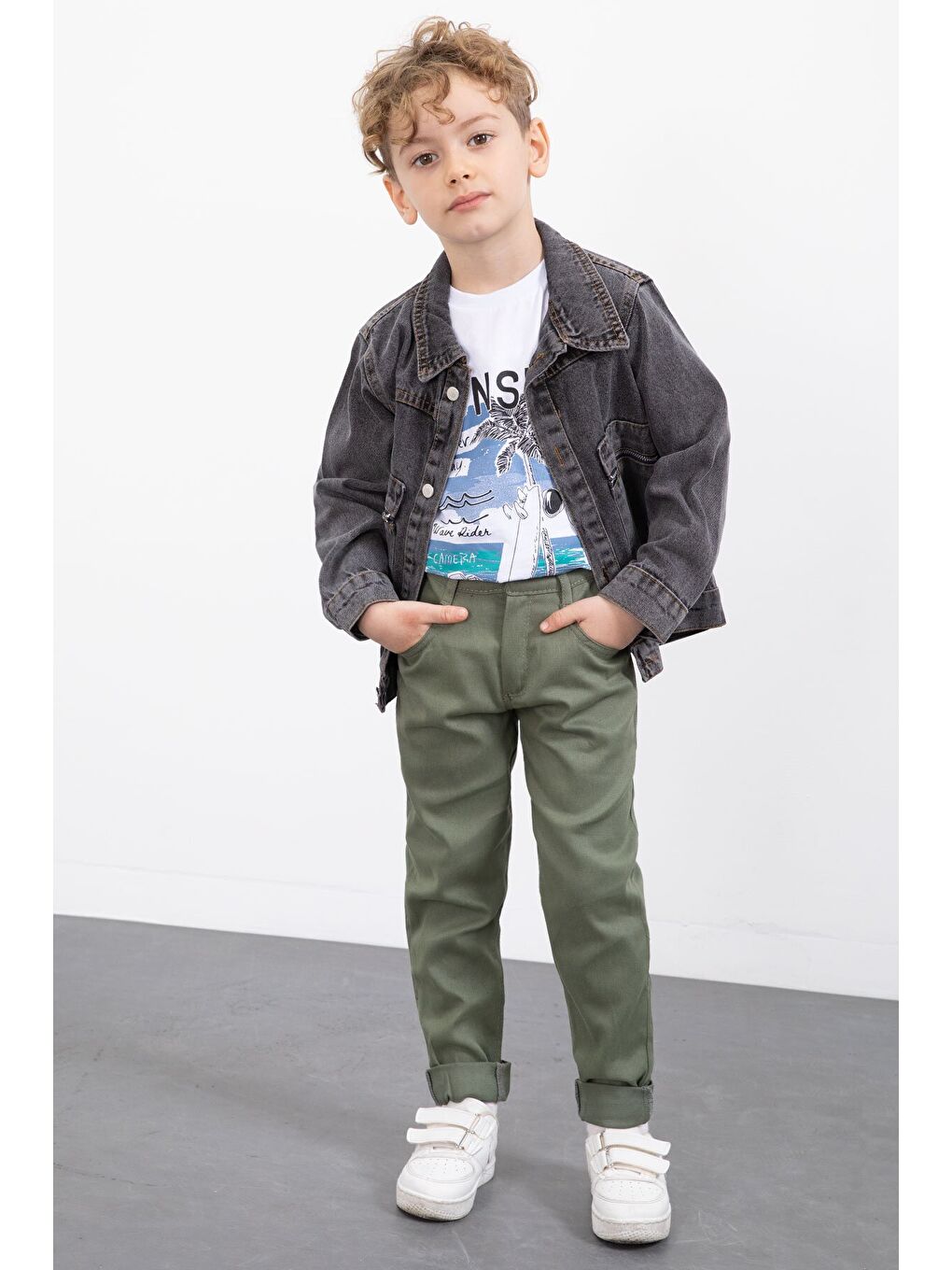 Gri Füme Fermuar Cepli Jean Ceketli Erkek Çocuk Pantolonlu 3lü Takım 20017-1