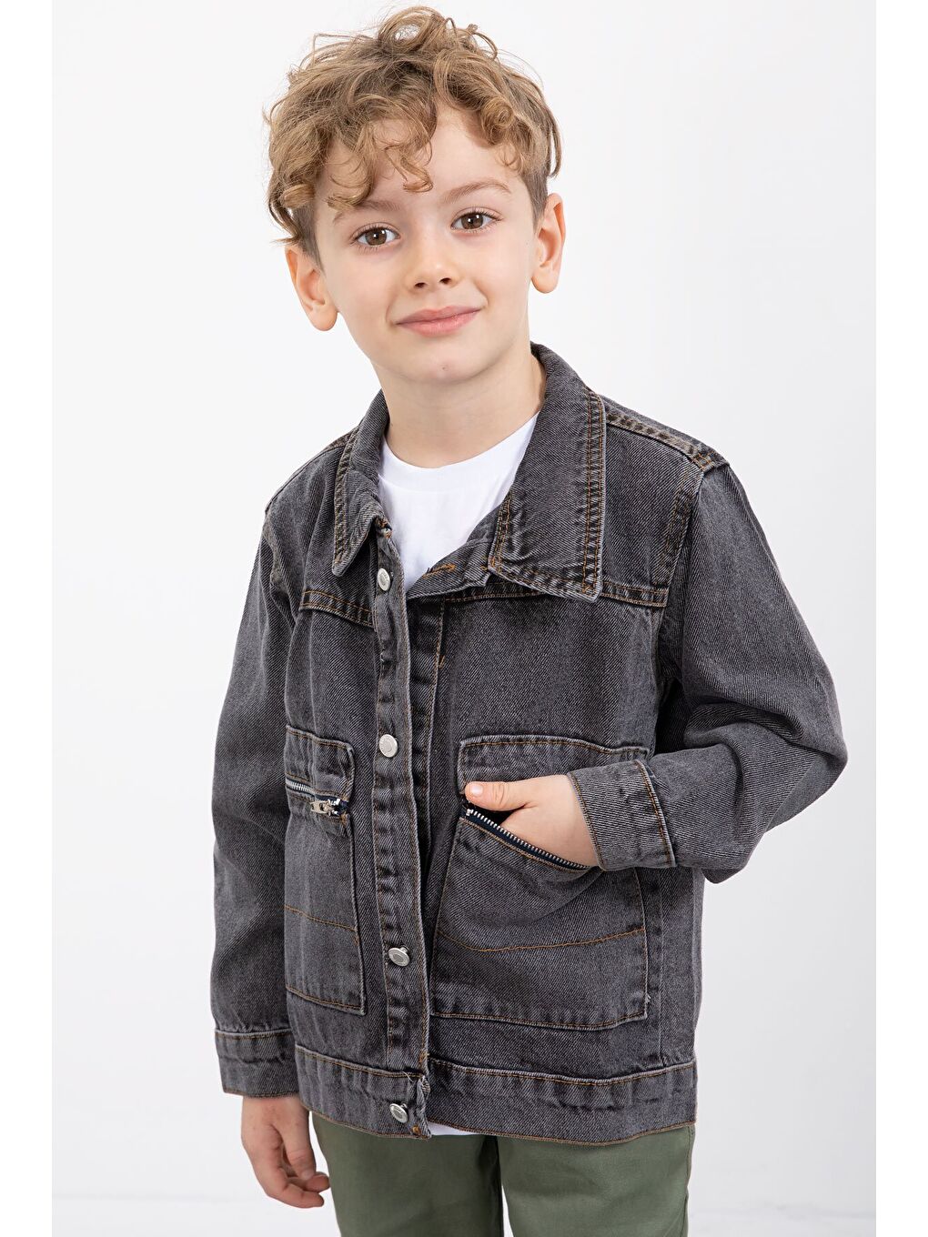 Gri Füme Fermuar Cepli Jean Ceketli Erkek Çocuk Pantolonlu 3lü Takım 20017-2