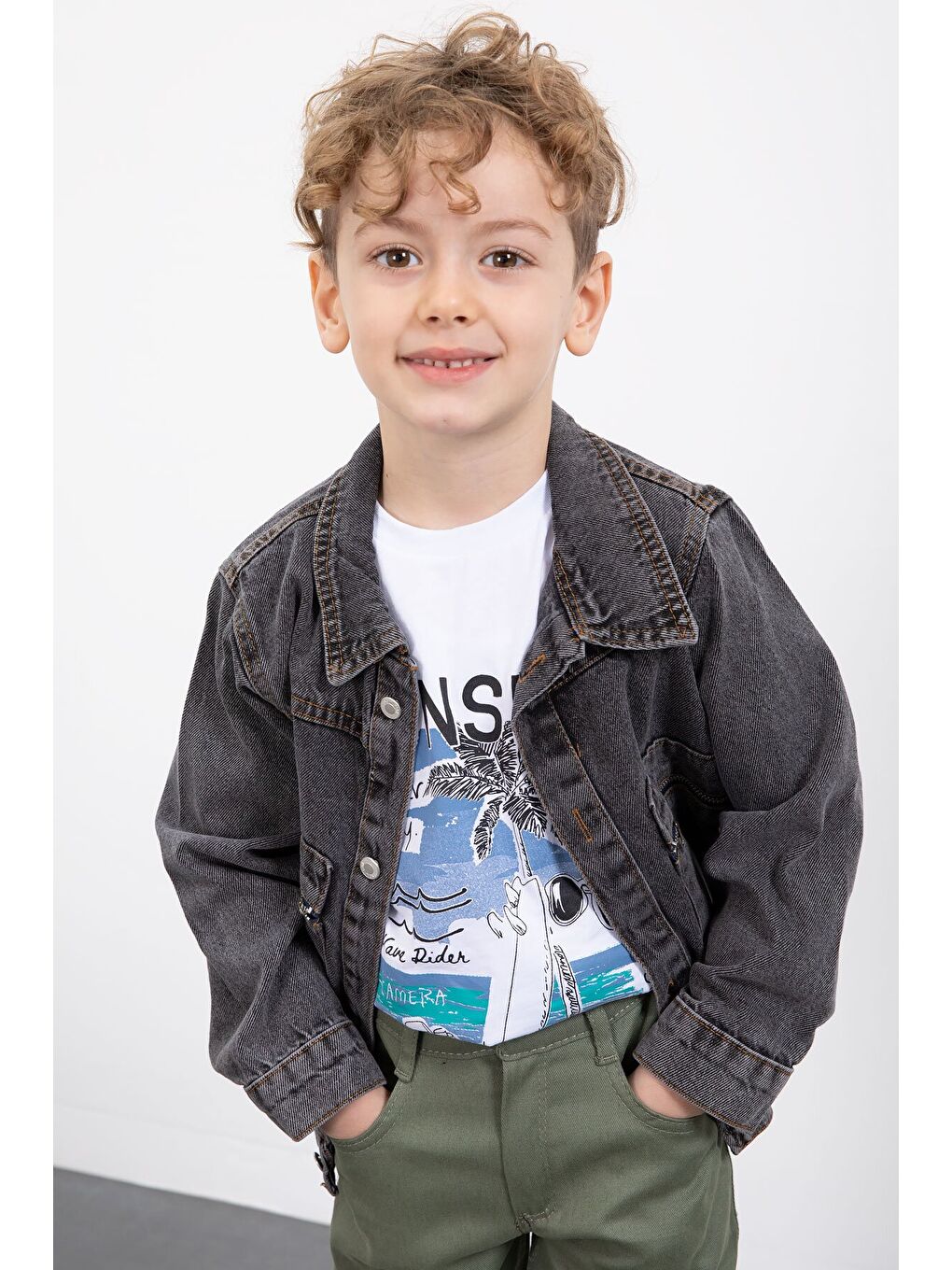 Gri Füme Fermuar Cepli Jean Ceketli Erkek Çocuk Pantolonlu 3lü Takım 20017-3