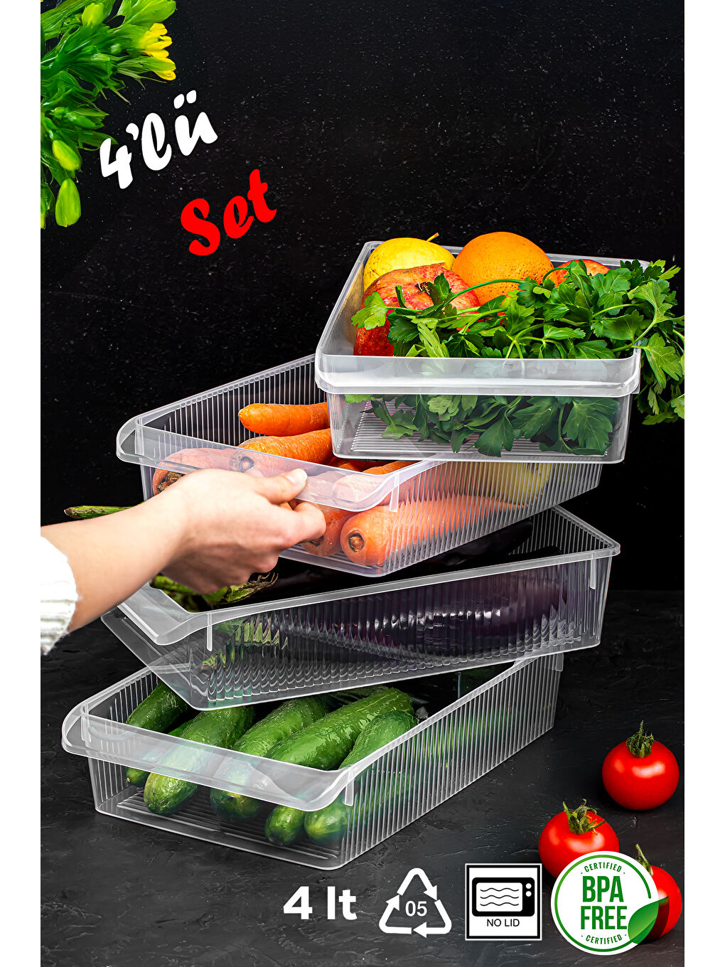 Renksiz 3183 4lü Dolap İçi ve Buzdolabı İçi Düzenleyici Banyo Mutfak Organizeri 20x32x14 cm 4 Litre