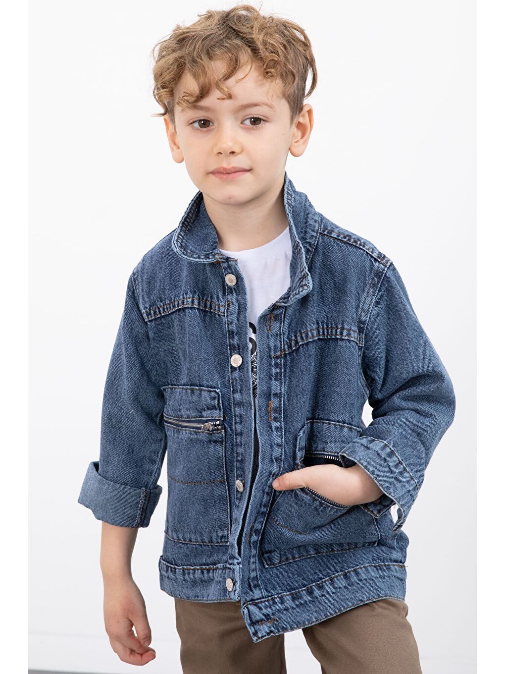 Lacivert Fermuar Cepli Jean Ceketli Erkek Çocuk Pantolonlu 3lü Takım 20018-2