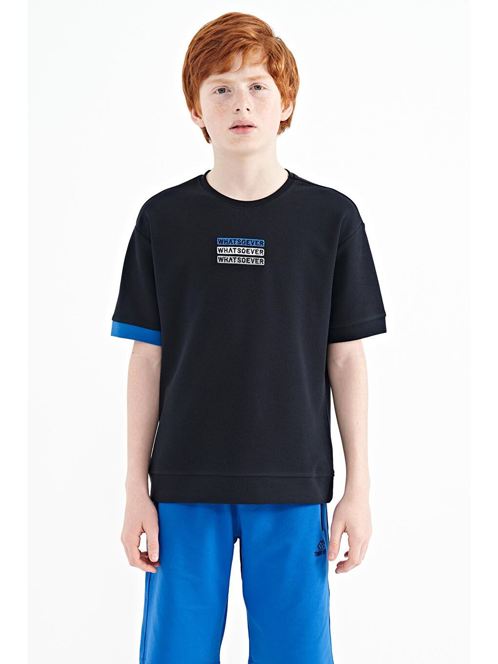 TOMMYLIFE Lacivert Yazı Nakışlı O Yaka Oversize Erkek Çocuk T-Shirt - 11146