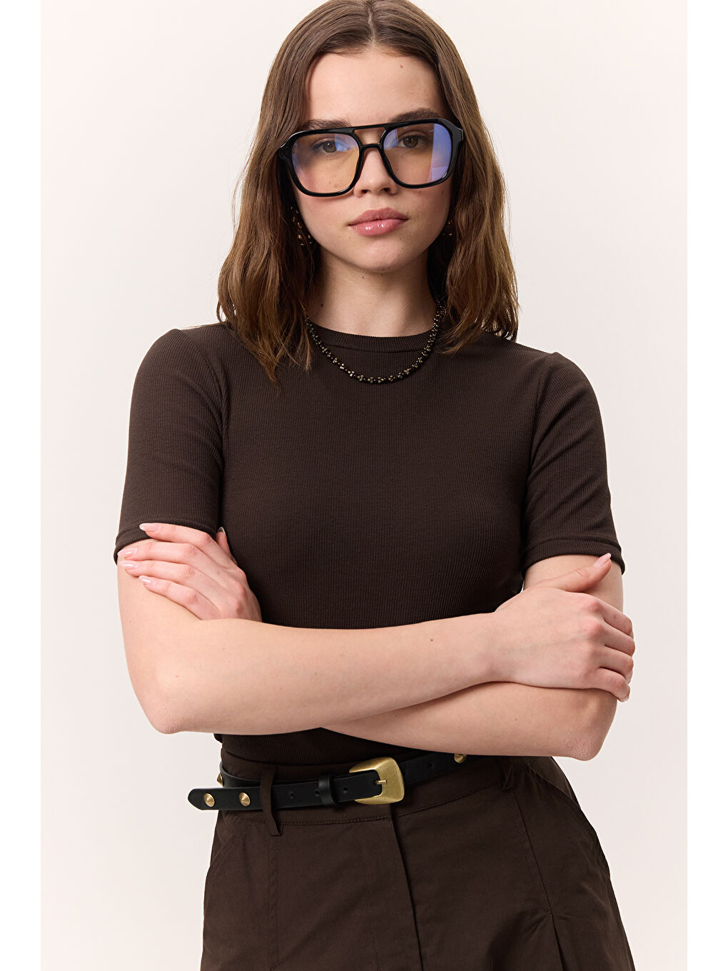 Kahverengi Kısa Kollu Rıbana Body Acı Kahve