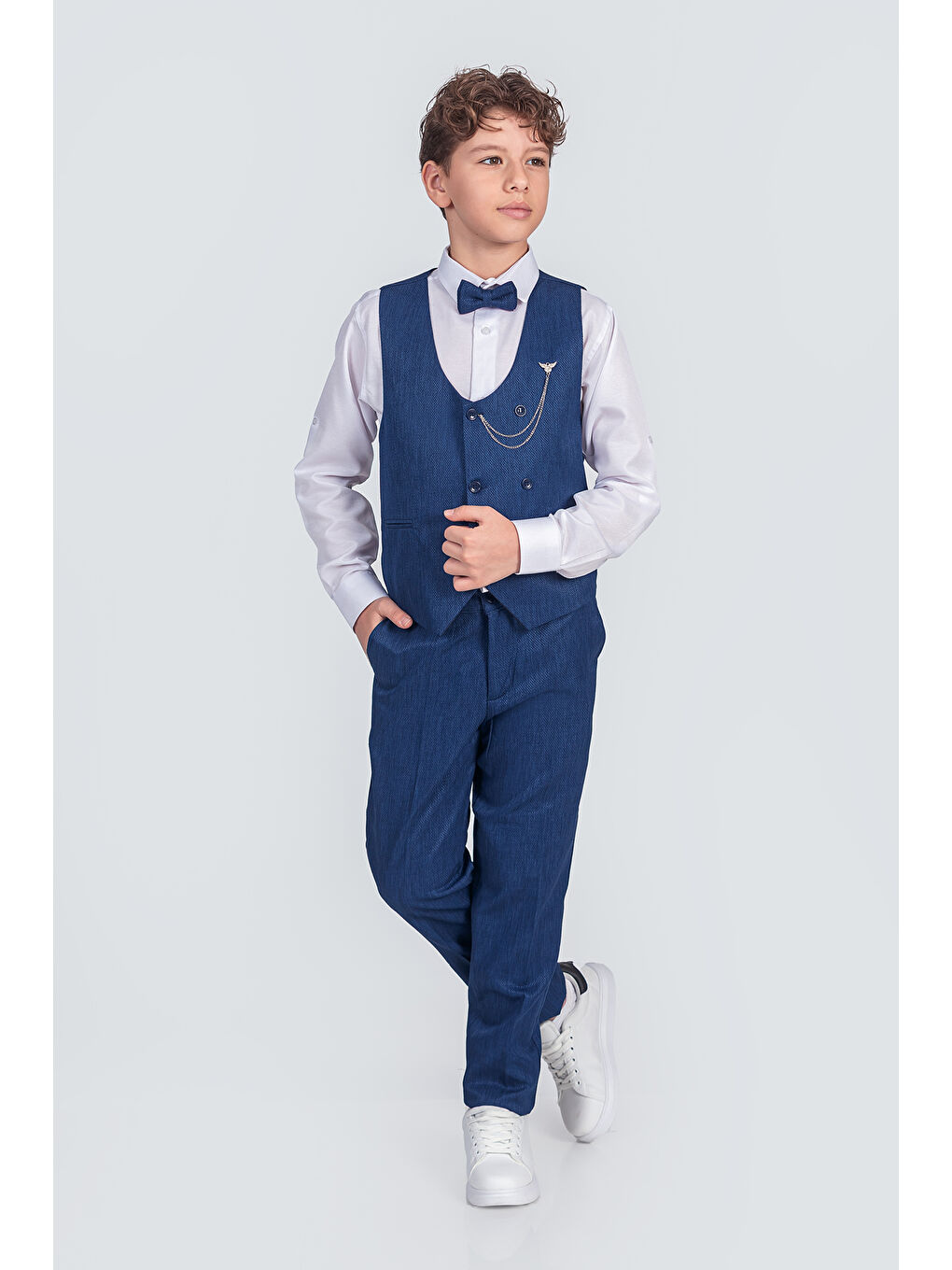 Mavi Erkek Çocuk Takım Elbise Papyonlu Yelekli Takım Elbise TE.9999-1