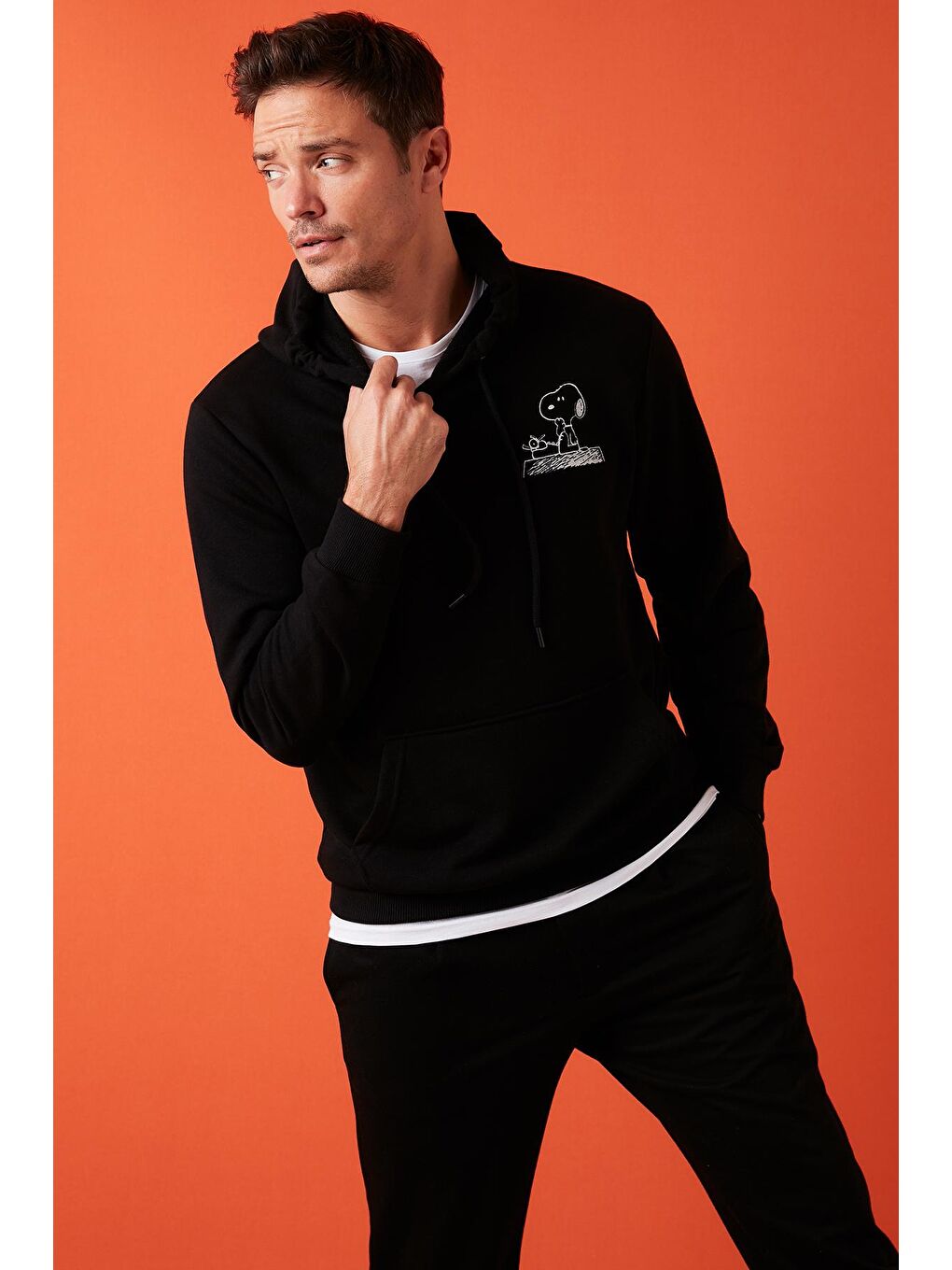 Siyah Slim Fit Baskılı Kanguru Cepli Pamuklu Sweat 5905192