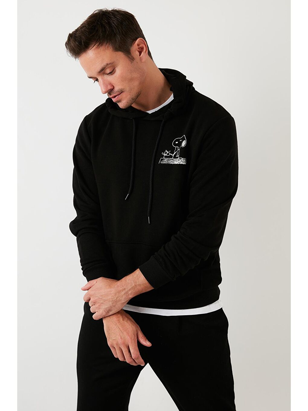 Siyah Slim Fit Baskılı Kanguru Cepli Pamuklu Sweat 5905192-1