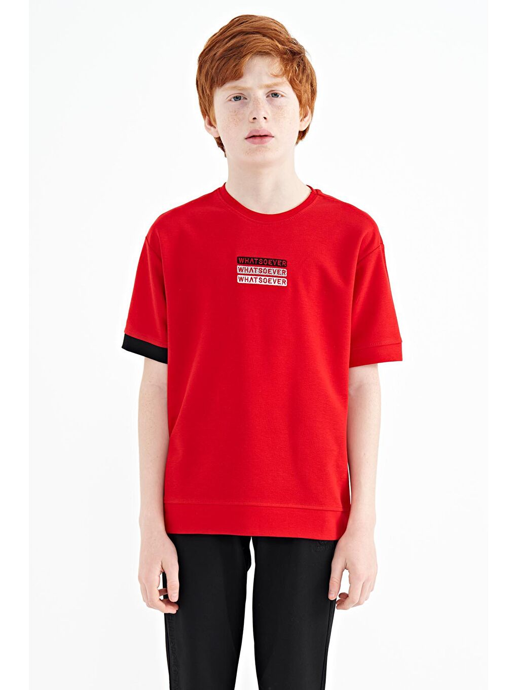 TOMMYLIFE Kırmızı Yazı Nakışlı O Yaka Oversize Erkek Çocuk T-Shirt - 11146