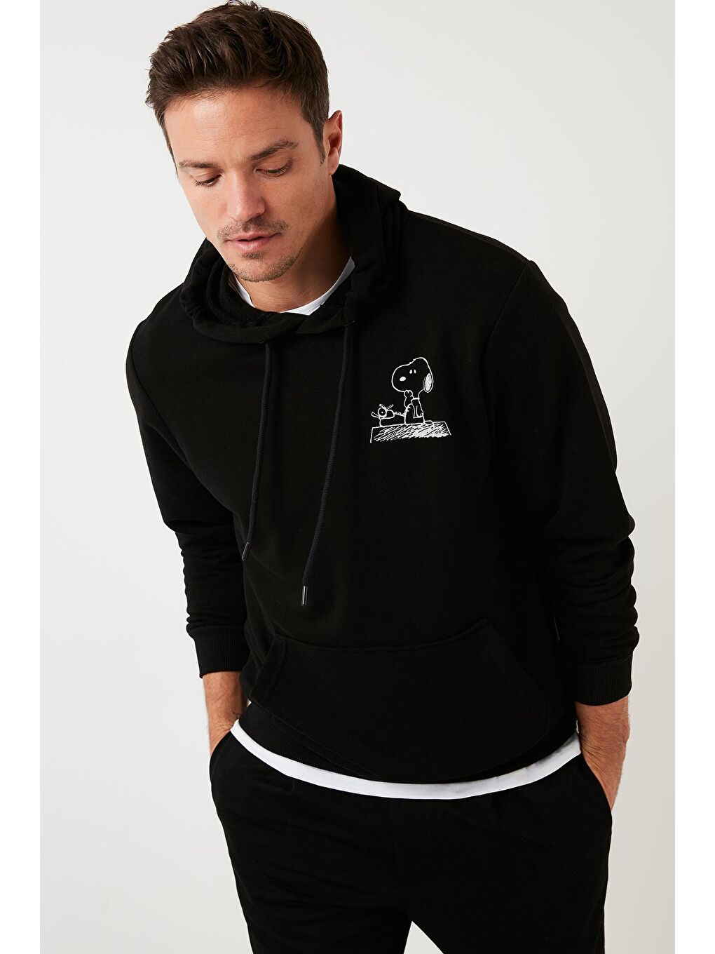 Siyah Slim Fit Baskılı Kanguru Cepli Pamuklu Sweat 5905192-2