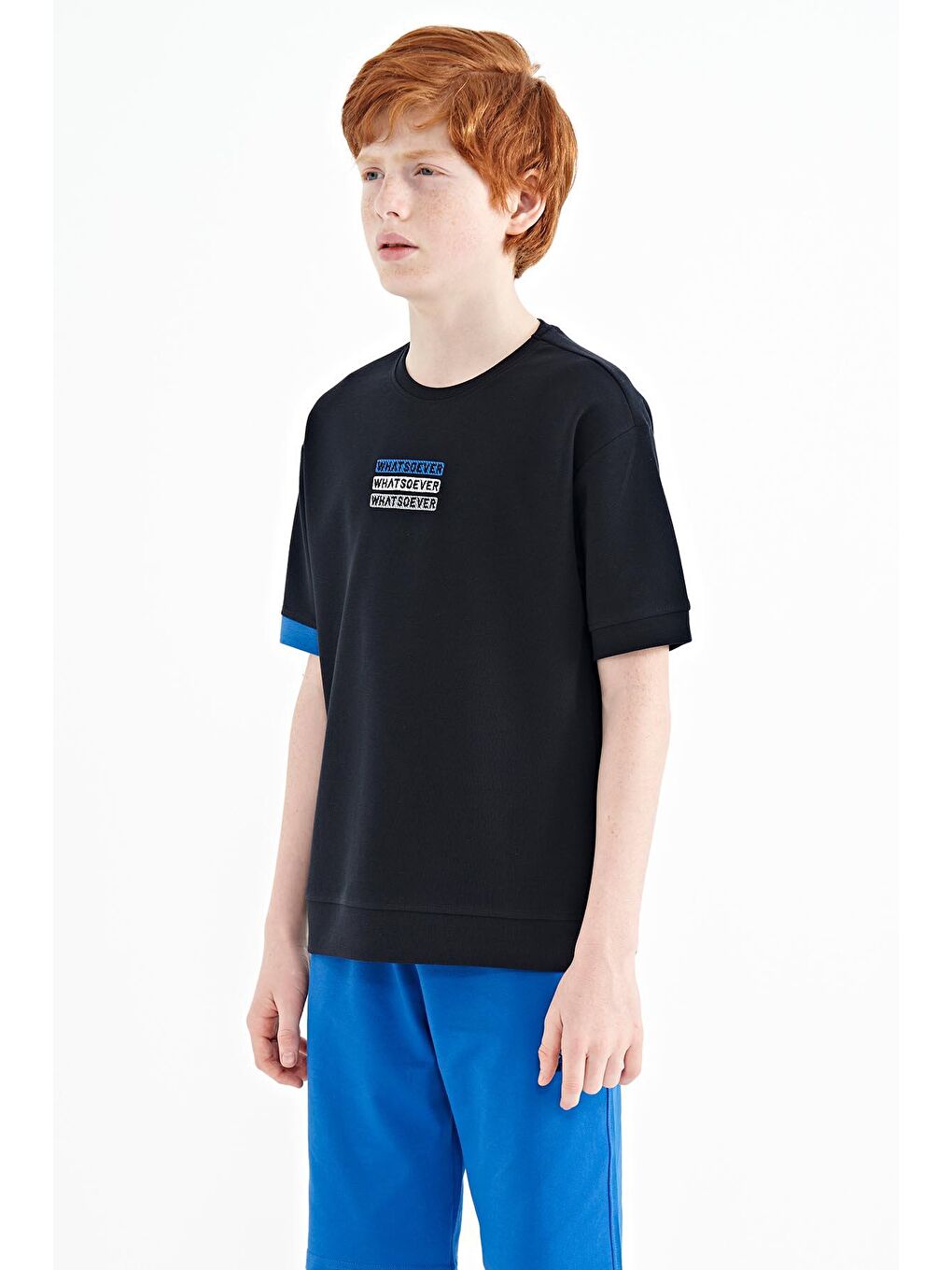 TOMMYLIFE Lacivert Yazı Nakışlı O Yaka Oversize Erkek Çocuk T-Shirt - 11146 - 3