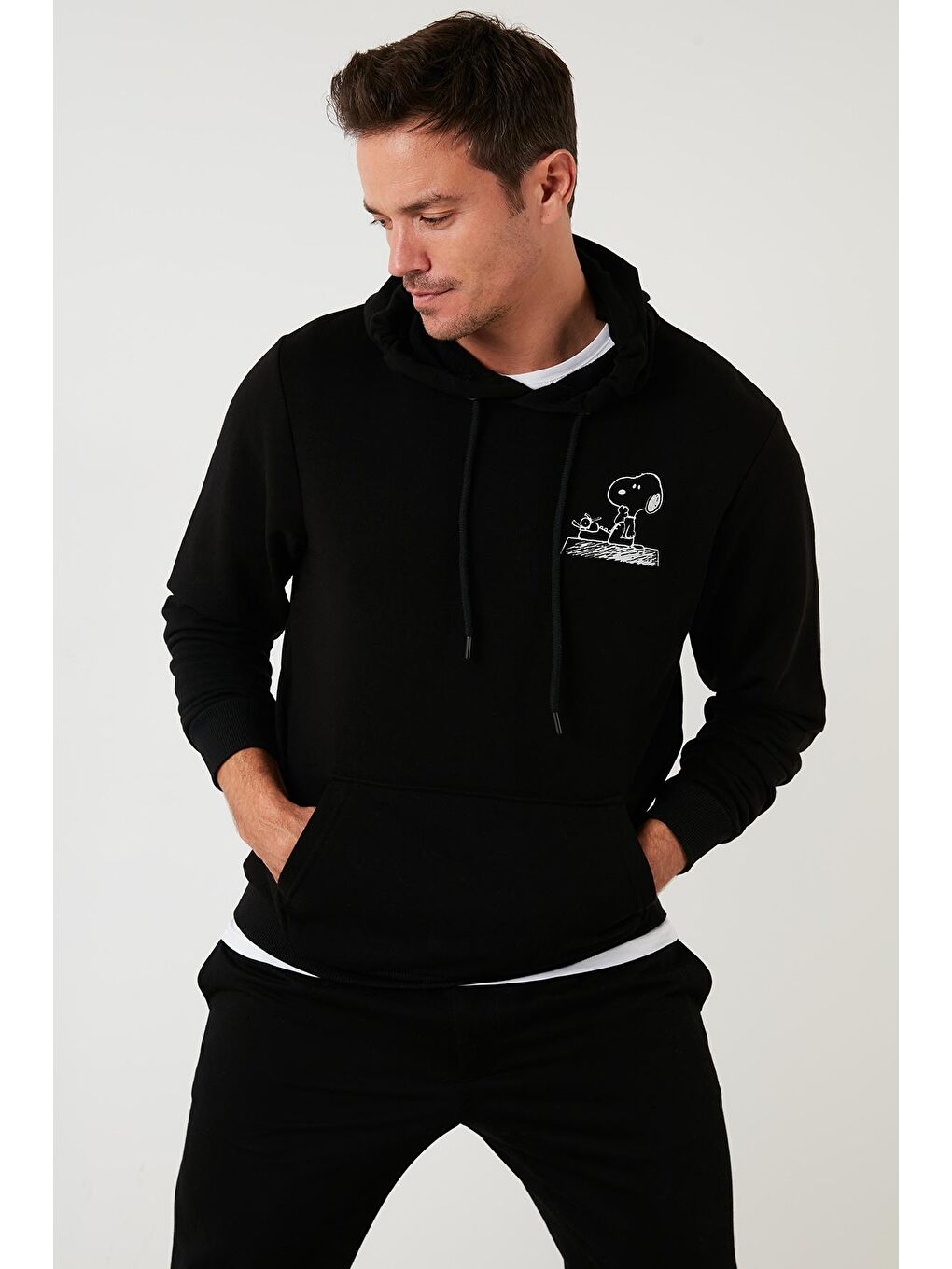 Siyah Slim Fit Baskılı Kanguru Cepli Pamuklu Sweat 5905192-3