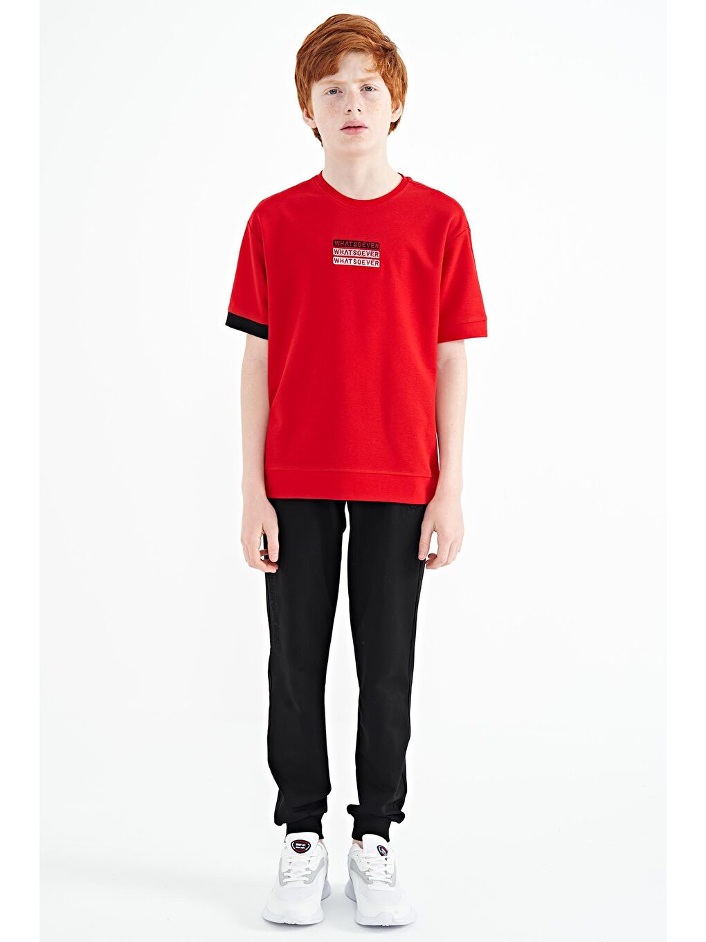 TOMMYLIFE Kırmızı Yazı Nakışlı O Yaka Oversize Erkek Çocuk T-Shirt - 11146 - 2