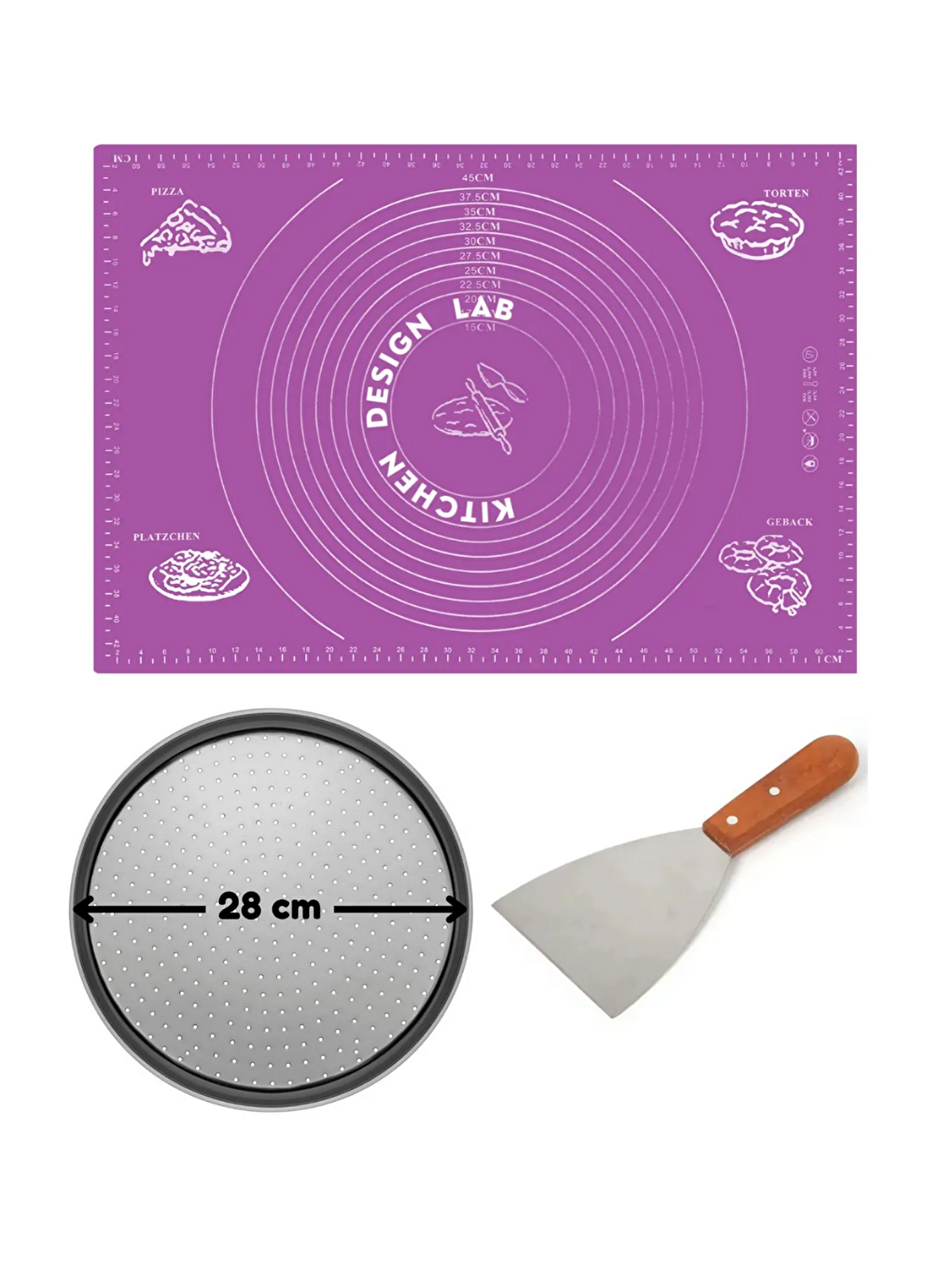 Mor Hamur Açma Matı 45 x 65 cm 28 cm Pizza Tepsisi ve Ahşap Uzun Saplı Hamur ve Pizza Kesici