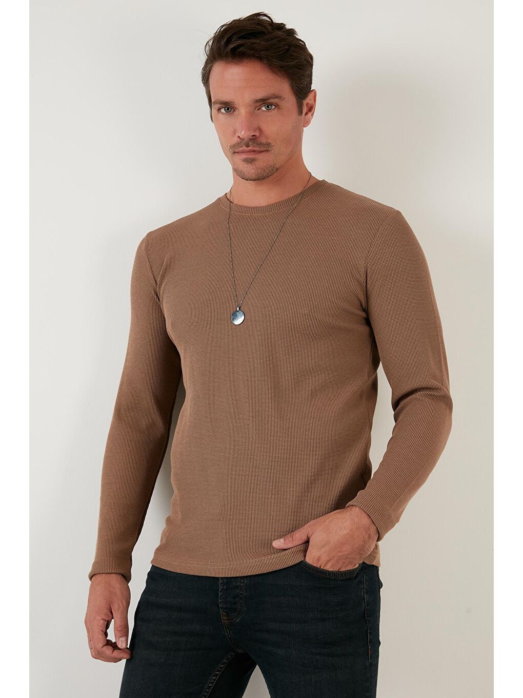 Bej Pamuklu Bisiklet Yaka Basic Sweat 5905073