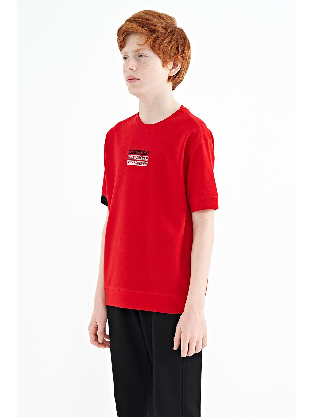 TOMMYLIFE Kırmızı Yazı Nakışlı O Yaka Oversize Erkek Çocuk T-Shirt - 11146 - 3