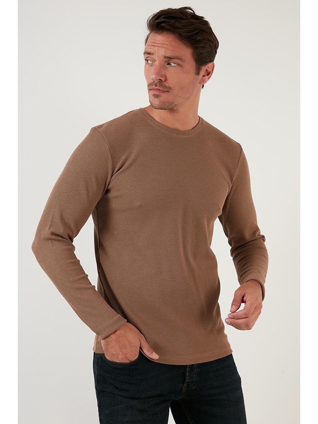 Bej Pamuklu Bisiklet Yaka Basic Sweat 5905073-1