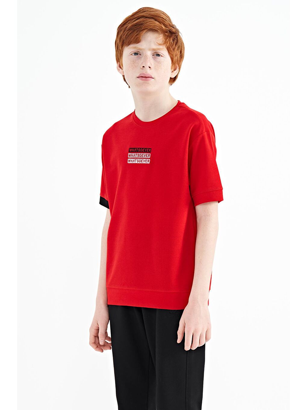 TOMMYLIFE Kırmızı Yazı Nakışlı O Yaka Oversize Erkek Çocuk T-Shirt - 11146 - 4