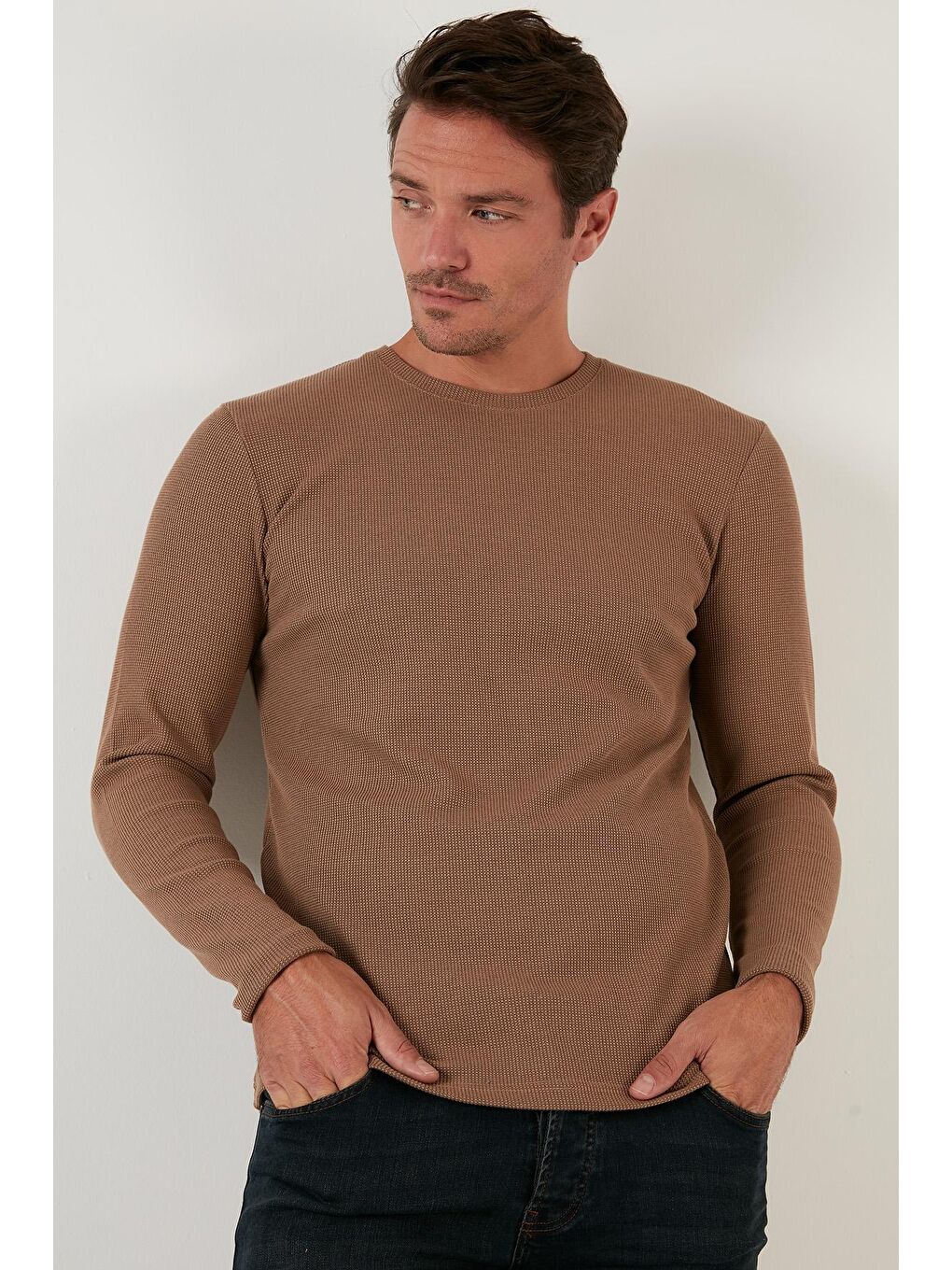 Bej Pamuklu Bisiklet Yaka Basic Sweat 5905073-2