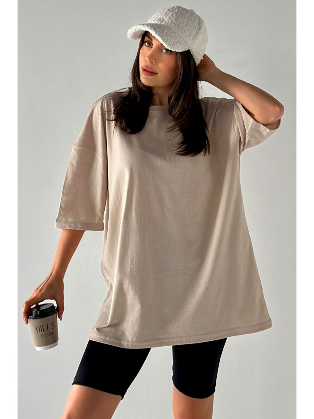 Kadın Düz Renk Bej Oversize T Shirt