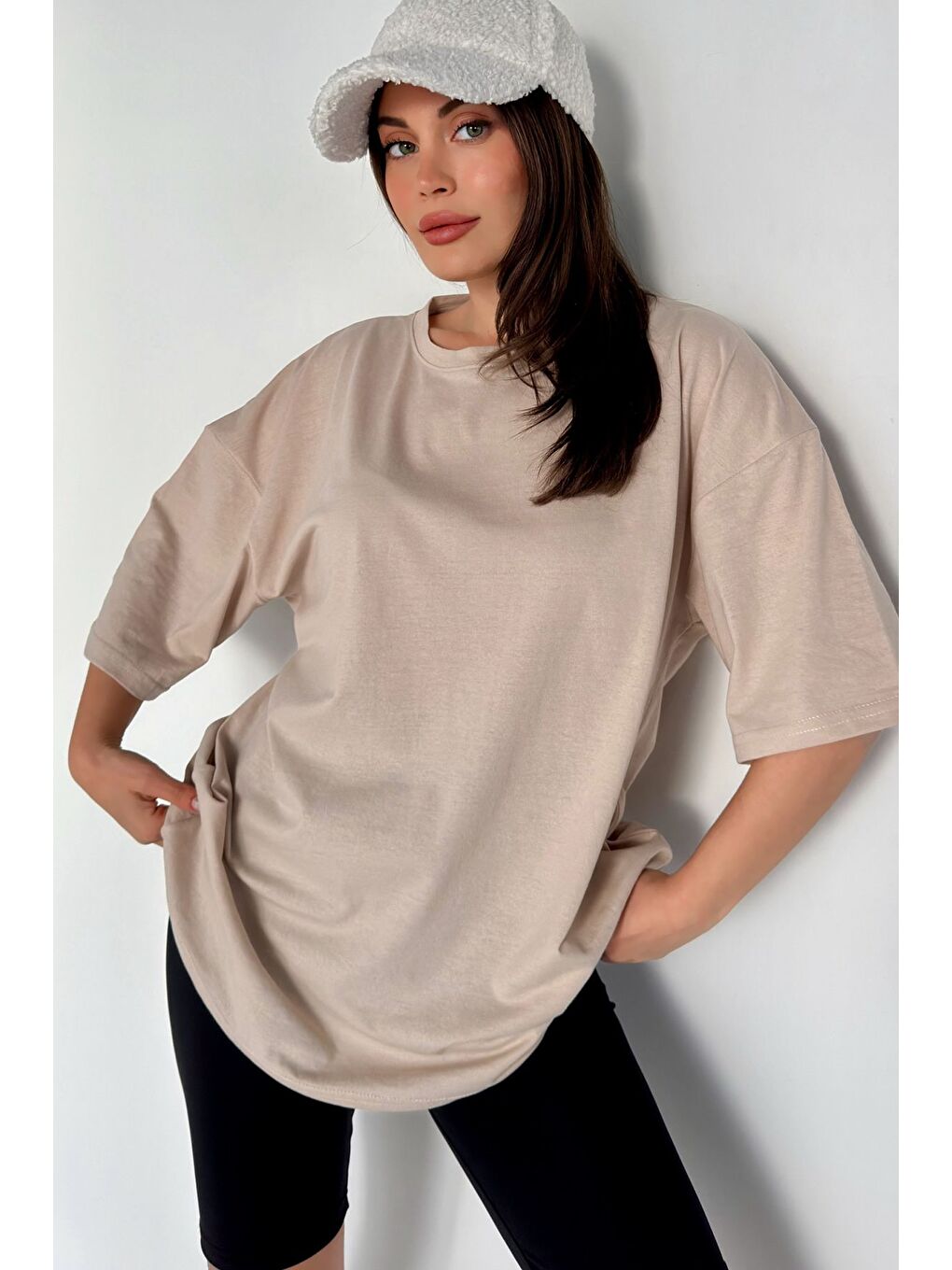 Kadın Düz Renk Bej Oversize T Shirt-3