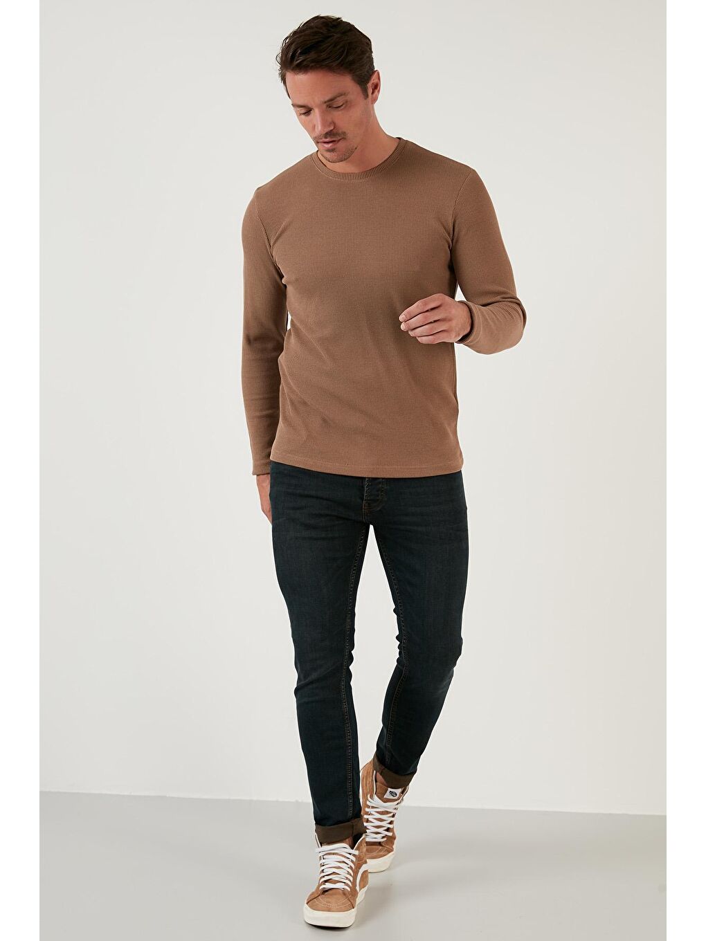 Bej Pamuklu Bisiklet Yaka Basic Sweat 5905073-3