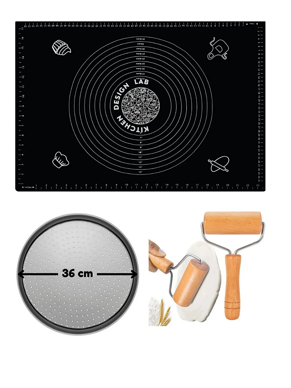 Siyah Silikon Hamur Açma Matı 45 x 65 cm 36 cm Pizza Tepsisi ve Ahşap Saplı Hamur Açıcı