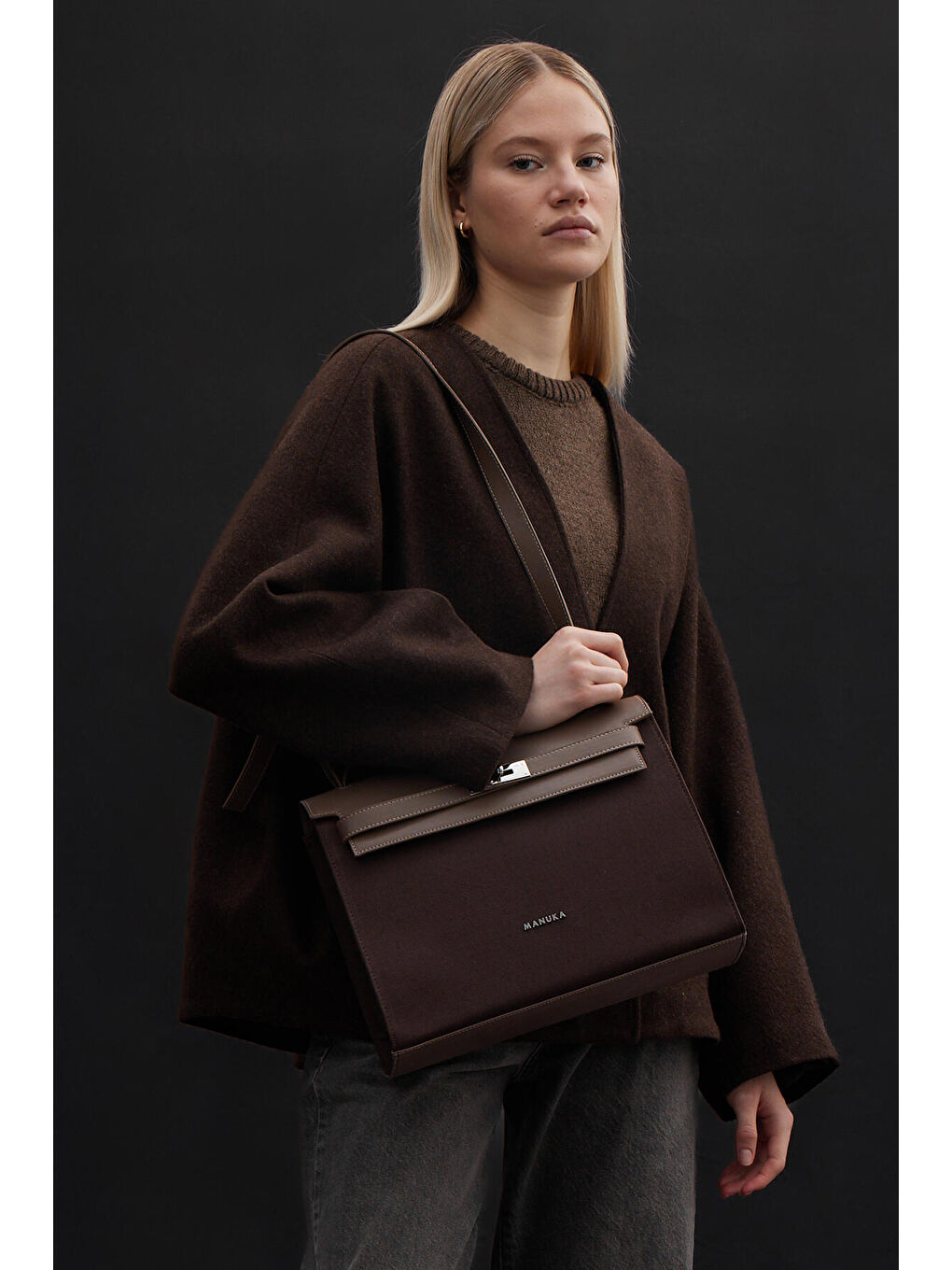 Kahverengi Deri Detaylı Kanvas Çanta Acı Kahve