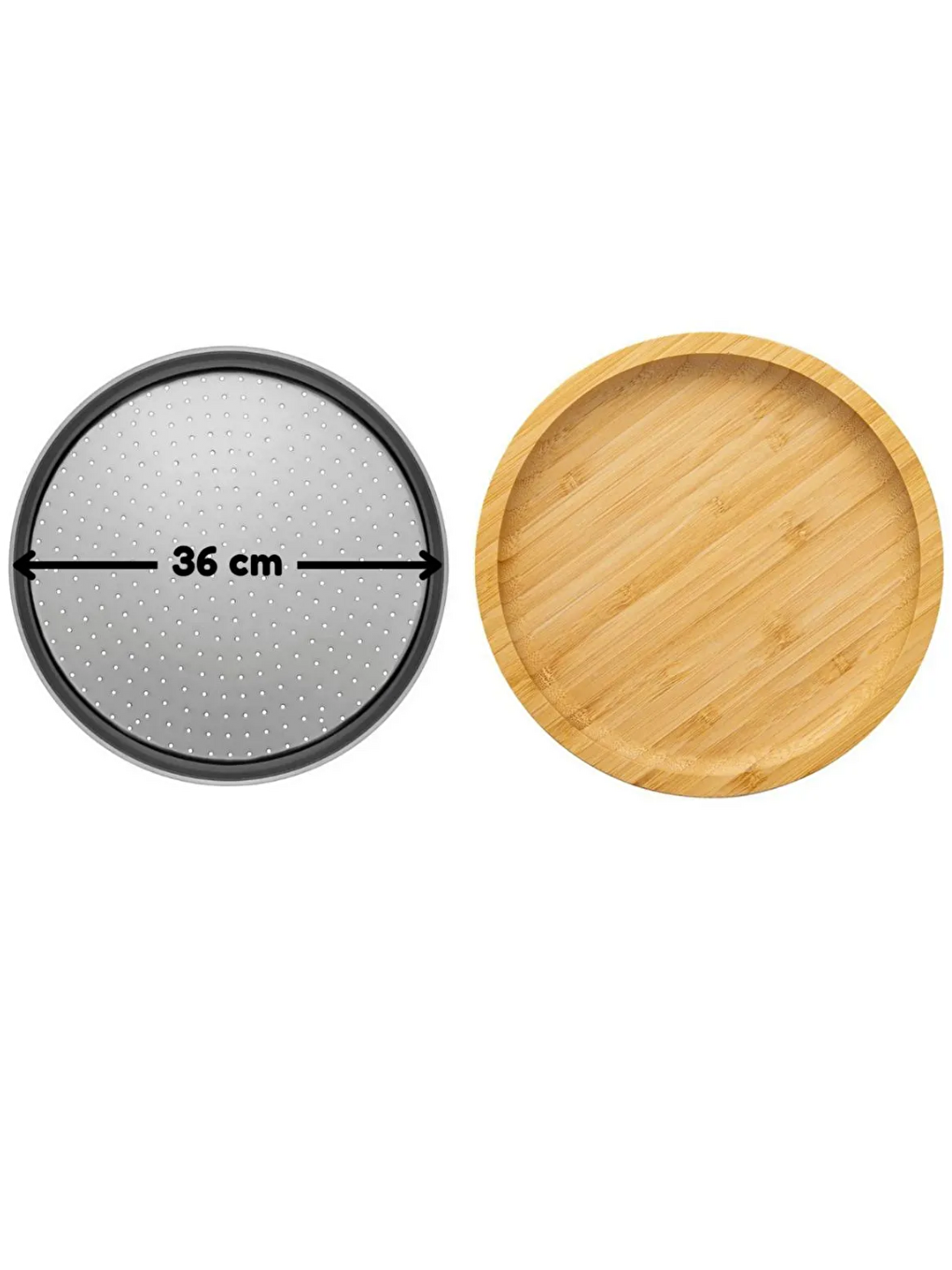 Gri Büyük Boy Delikli Pizza Tepsisi Lahmacun Tepsisi 36 cm ve Bambu Yuvarlak Pizza Tabağı 30 cm