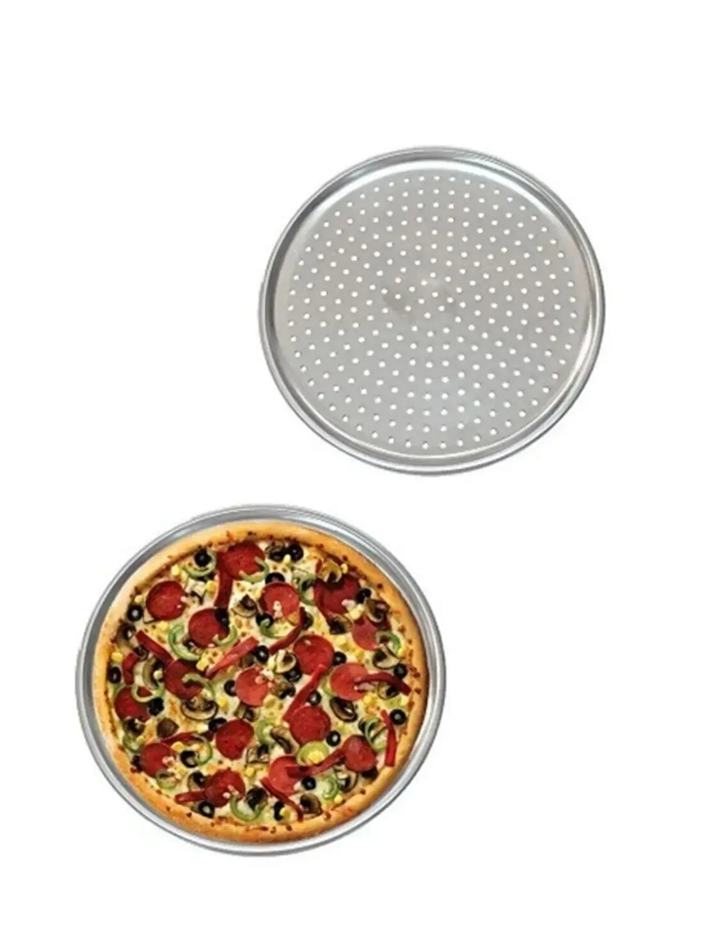 Gri Büyük Boy Delikli Pizza Tepsisi Lahmacun Tepsisi 36 cm ve Bambu Yuvarlak Pizza Tabağı 30 cm-2