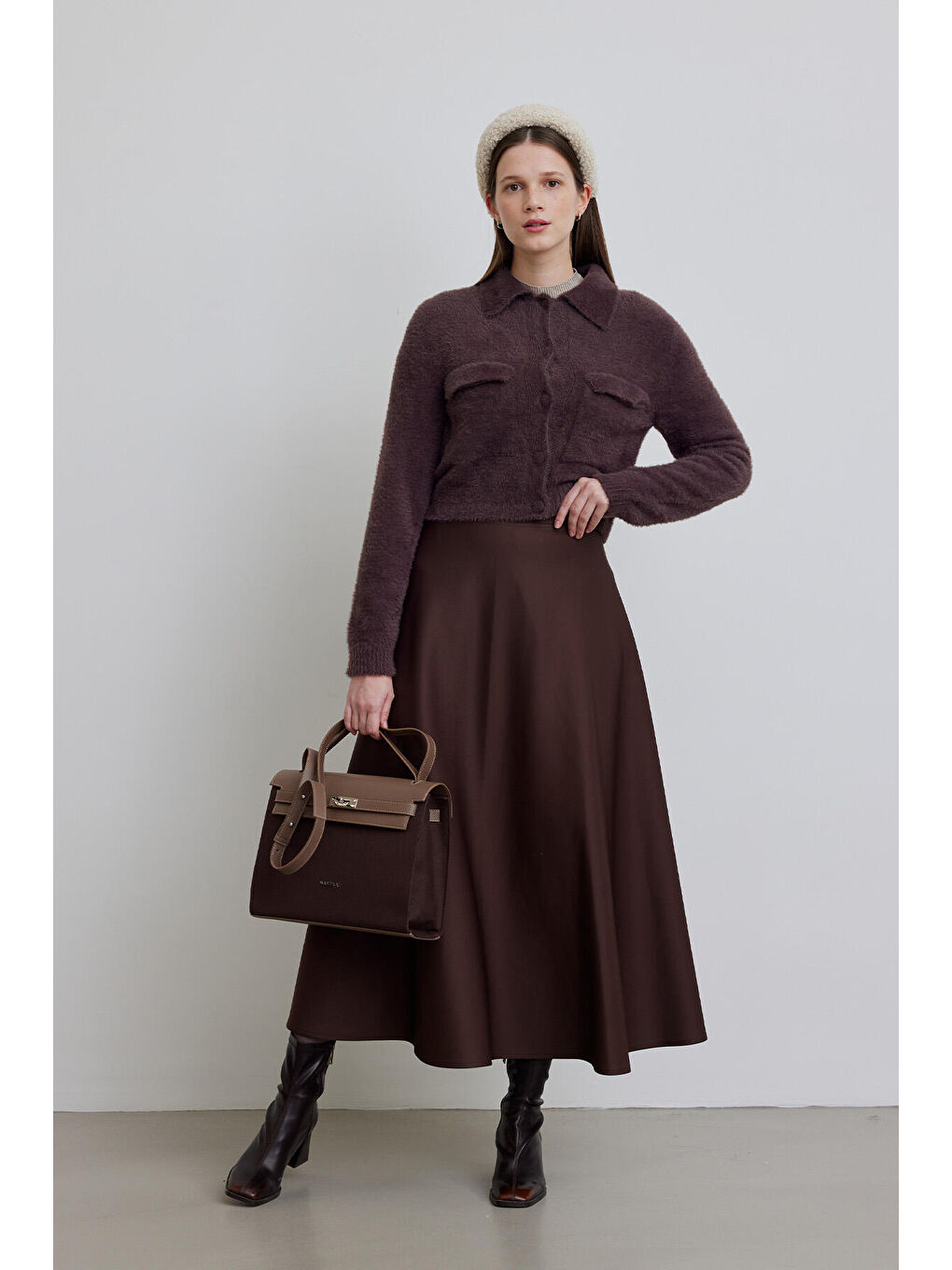 Kahverengi Deri Detaylı Kanvas Çanta Acı Kahve-1