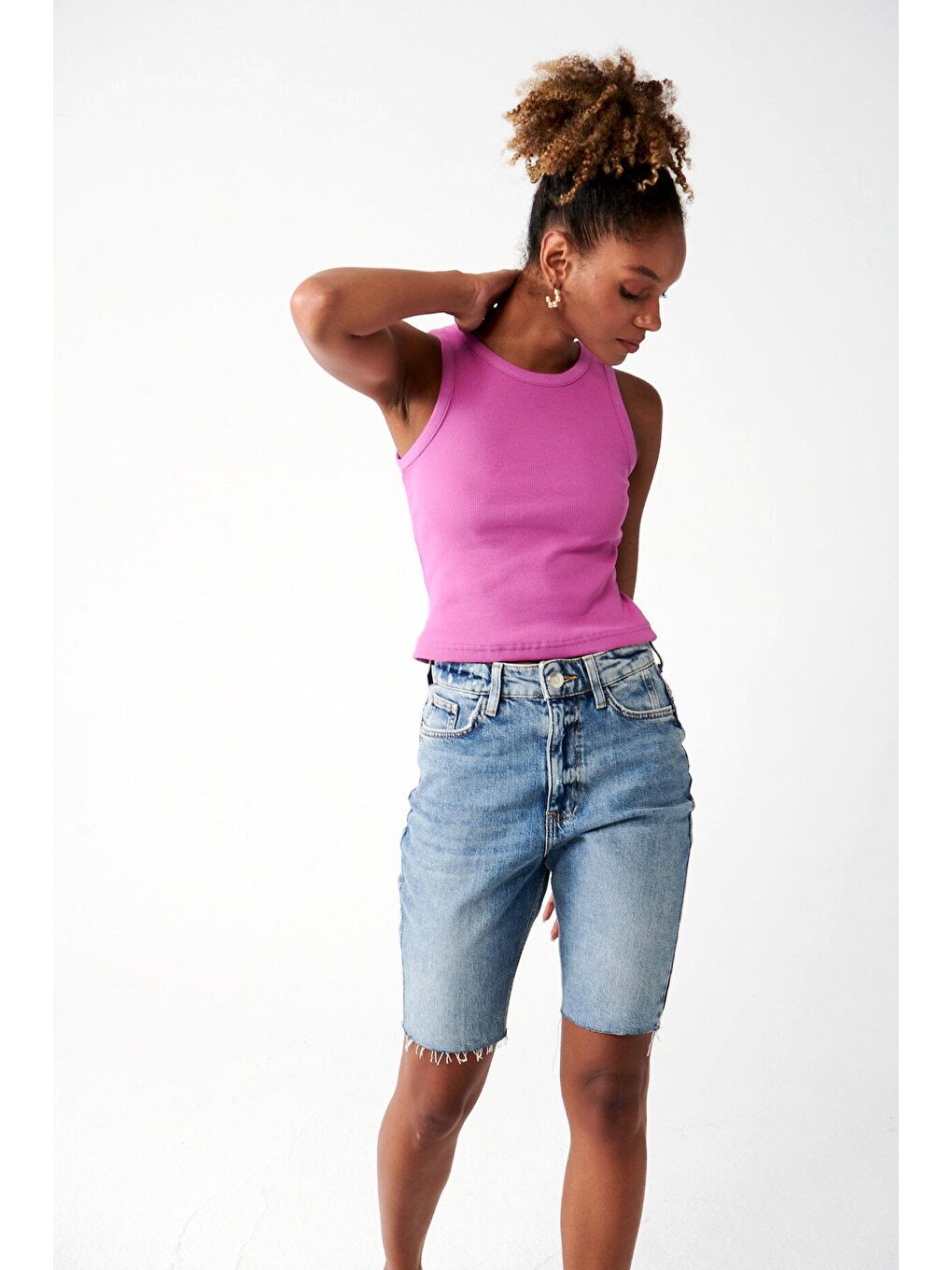 Fuşya Bisiklet Yaka Pamuklu Atlet-1